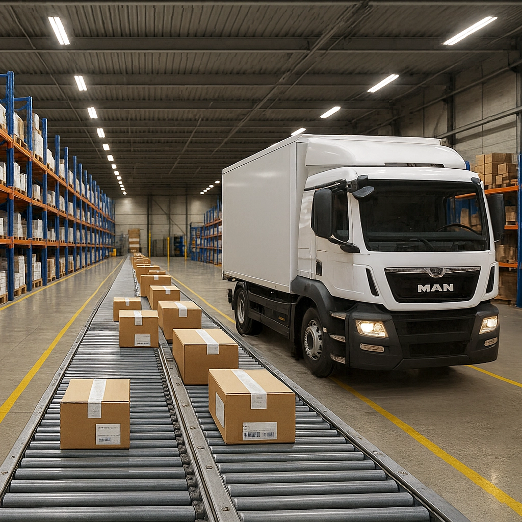 Modern warehouse with automated conveyor system